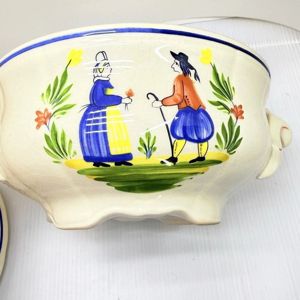 Rare Quimper Style French Château Lidded Serving Dish Covered Hand Painted 9